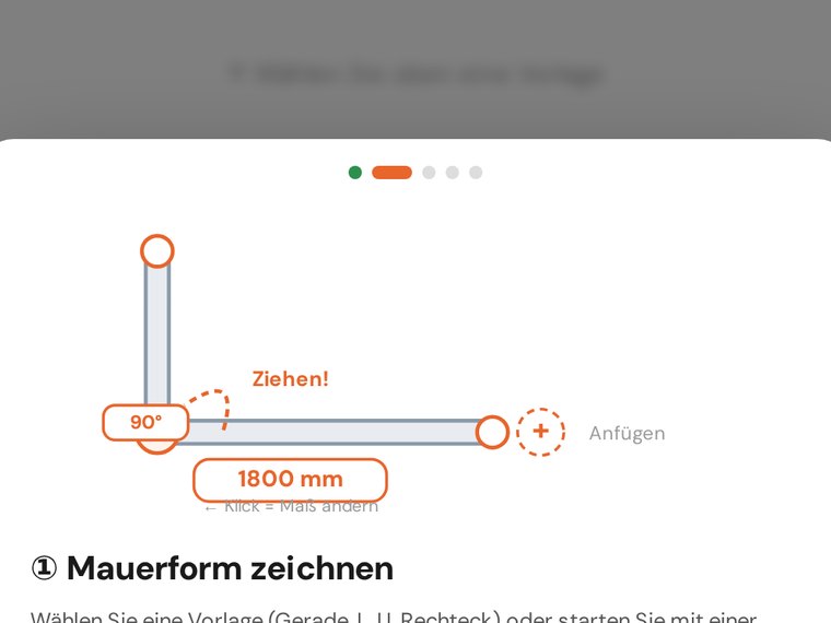 Mauerabdeckungs-Konfigurator mit L-Form und Bemaßung