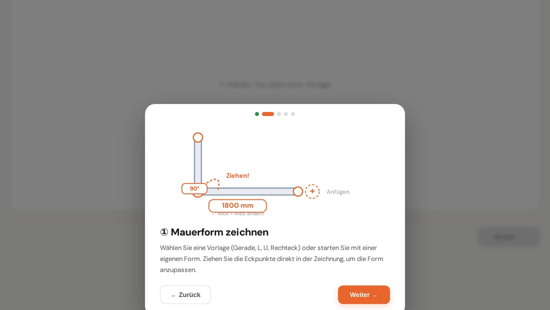 Vorschau des Mauerabdeckungsplaners mit Vorlagen und Zeichenfläche